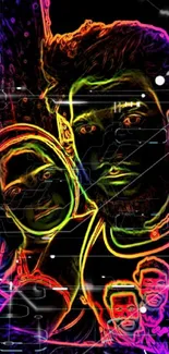 Neon outline of a duo on dark background.