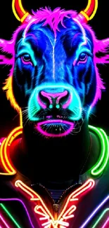 Vibrant neon cow art with colorful glowing design.