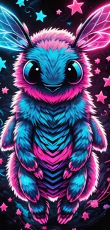 Neon blue and pink creature with stars, vibrant mobile wallpaper.