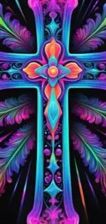 Colorful neon cross with vibrant symmetrical design.