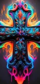 Vibrant neon cross art with colorful flames on black background.