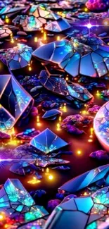 Vibrant neon crystal landscape with dark blue hues.