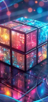 Vibrant neon cube with glowing lights reflecting on a surface.