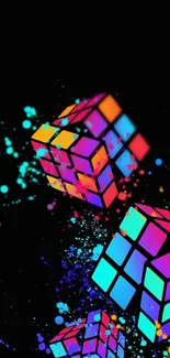 Vibrant neon Rubik's cubes with colorful splashes on a black background wallpaper.