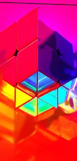 Vibrant neon cube mobile wallpaper with pink, blue, yellow hues.