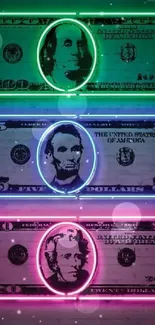 Vibrant neon-outlined dollar bills in artful design.