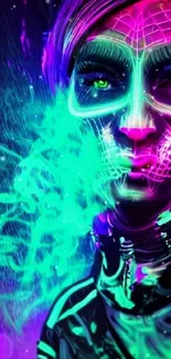 Vibrant neon cyber art featuring a futuristic figure.