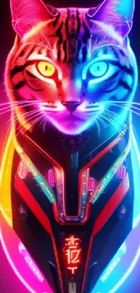 Neon cyber cat with vibrant glowing lights and futuristic design.