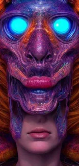 Neon cyber face with vibrant colors and intricate digital details.