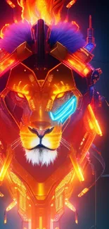 Vibrant neon cyber lion wallpaper design.