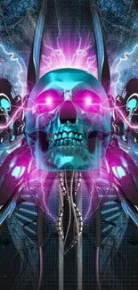 Neon skull with electrifying cyberpunk design in vibrant colors.