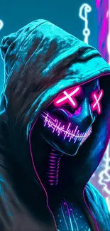 Neon cyber skull with glowing eyes and vibrant colors.