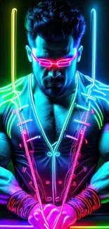 Neon cyber warrior with glowing swords and vibrant colors.