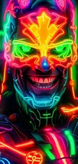 Vivid neon cyberpunk image of a futuristic masked figure glowing intensely.