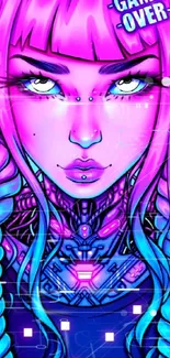 Neon cyberpunk character art with pink and blue hues.