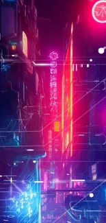 Vibrant neon cyberpunk cityscape with glowing lights.