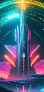 Futuristic neon cyberpunk skyline art.