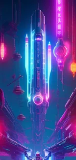 Neon cyberpunk skyline with vibrant lights and futuristic elements.