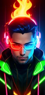 Vibrant cyberpunk art with neon lights and futuristic headphones.