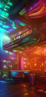 Vibrant neon cyberpunk bar scene wallpaper with futuristic elements.