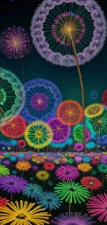 Colorful neon dandelions in a vibrant digital wallpaper scene.