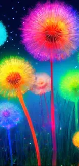 Vibrant neon dandelion wallpaper with colorful glowing hues.