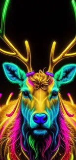 Neon deer artwork with vibrant colors on black background.