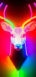 Neon deer head with vibrant LED colors on a dark background.