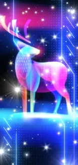 Mobile wallpaper with a neon deer against a starry cosmic background.