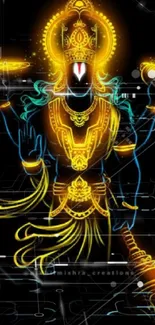 Vibrant neon deity illustration on a black background.