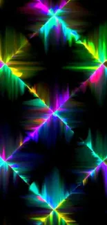 Vibrant neon diamond pattern on a black background.