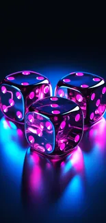 Three neon dice with glowing magenta and blue colors on a dark background.