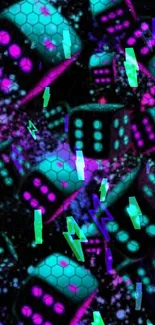 Vibrant neon dice pattern with electric colors and dynamic design.