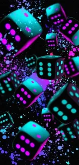 Neon dice on a black background with colorful splashes.