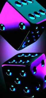 Neon pink and blue dice on black background