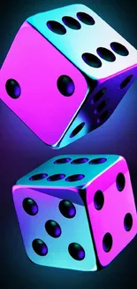 Vibrant neon pink and cyan dice glowing against a dark background.