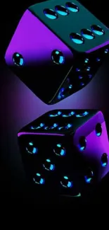 Neon dice with purple and blue glow on black background.