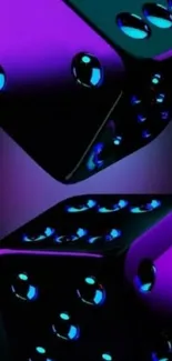 Neon purple and blue dice create a vibrant, glowing wallpaper for mobile screens.