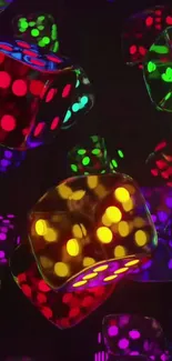 Colorful neon dice glowing against a dark background for a dynamic wallpaper design.