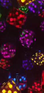 Vibrant neon dice wallpaper with colorful neon effects on black background.