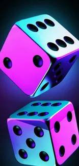 Vibrant neon dice on black background.