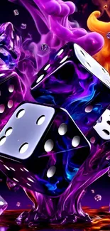 Vibrant neon dice with purple hues and abstract background.