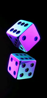 Neon dice glowing with purple and blue on a black background.