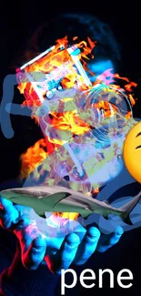 Colorful neon digital art with camera, emoji, shark, and flame effects.