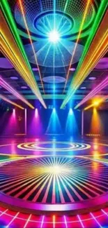 Vibrant neon disco lights illuminate a stunning dance floor.