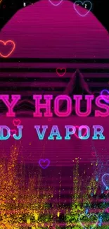 Neon DJ Vapor mobile wallpaper with vibrant hearts and retro elements.