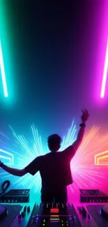 Neon DJ silhouette with vibrant lights.