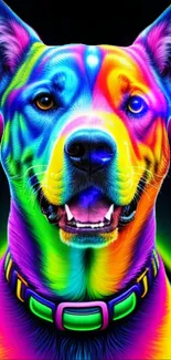 Psychedelic neon dog in rainbow colors for phone wallpaper.