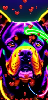 Neon dog wallpaper with vibrant colors and heart elements.