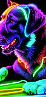 Vibrant neon dog art with colorful, glowing outlines on a black background.